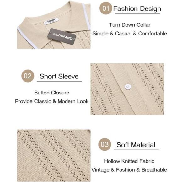 Men's Knit Button Down Shirt Vintage Short Sleeve Polo Shirts Casual - Picture 6 of 7